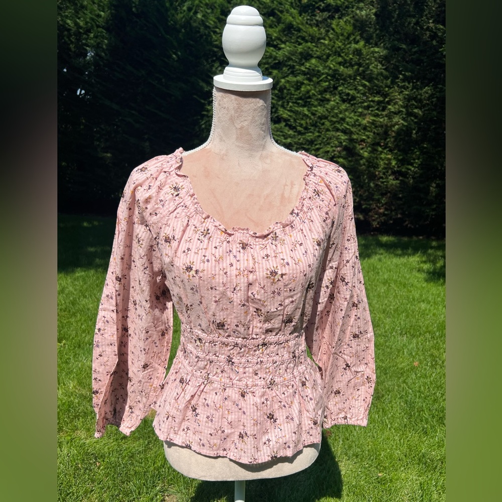 MADEWELL- Pink floral, scoop neck, long sleeve, & gathered bodice
